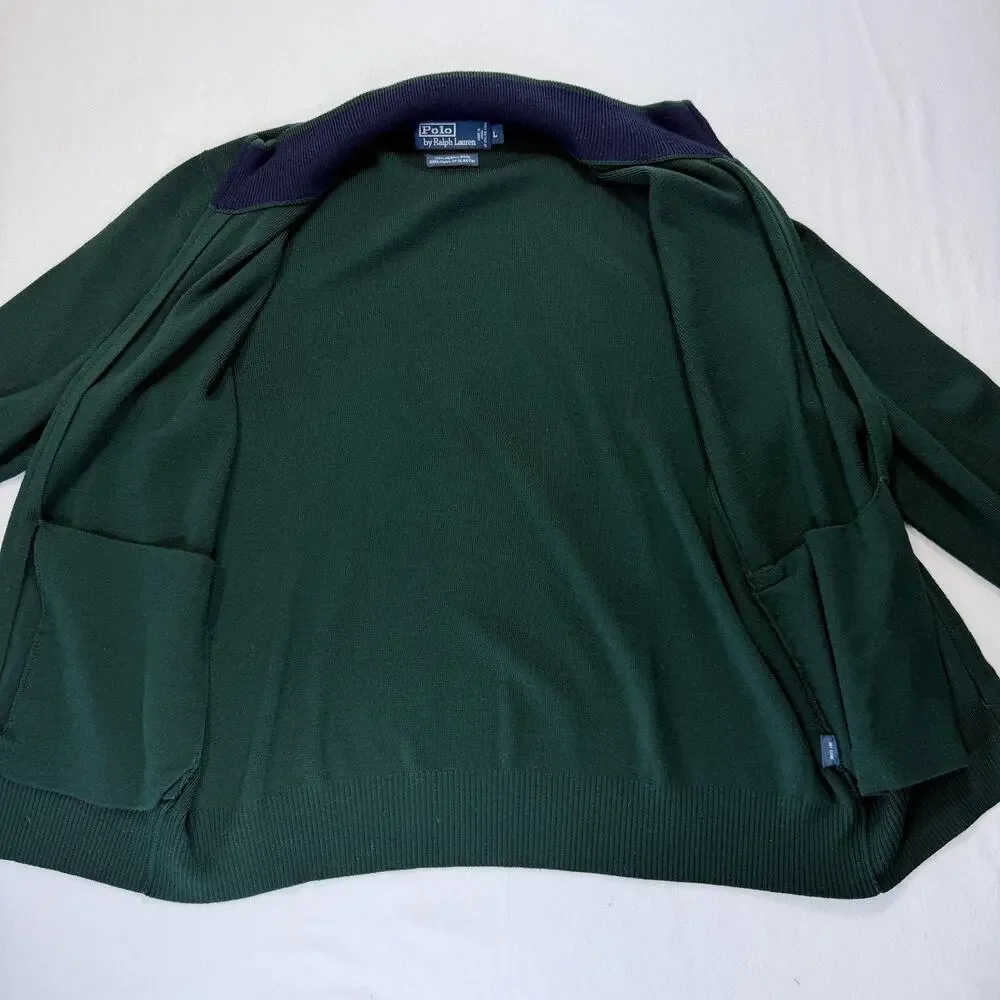 Polo Ralph Lauren Mens Large 100% Merino Wool 2 Way Full Zip Sweater Dark Green